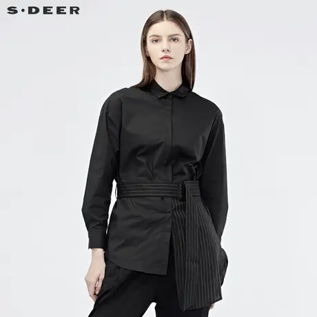 sdeer圣迪奥2019秋装新款女翻领不对称条纹拼接收腰衬衫S19180514图片