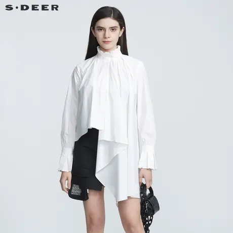 sdeer圣迪奥春秋装优雅立领木耳边不规则长袖衬衫S21180532图片