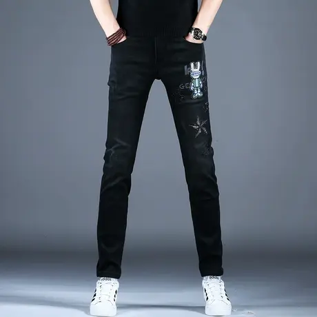 男士新款牛仔裤子黑色时尚修身刺绣小脚裤2023冬季精致烫钻潮流裤图片