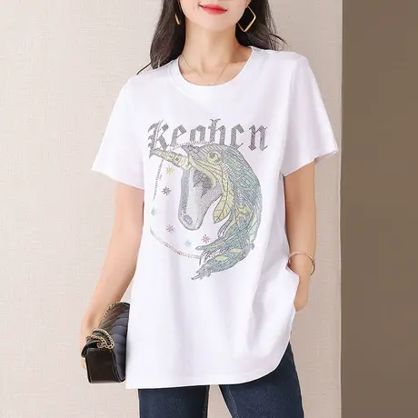 伊自尚2024年夏季女装大码胖mm遮肉显瘦圆领短袖T恤上衣女洋气商品大图