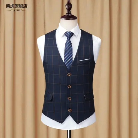 新款休闲西装马甲男士韩版时尚格子小西服马夹男修身英伦背心坎肩商品大图