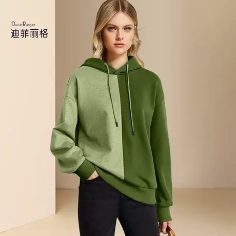 迪菲丽格复古绿色拼接连帽卫衣女2024春季新款宽松设计感百搭上衣图片