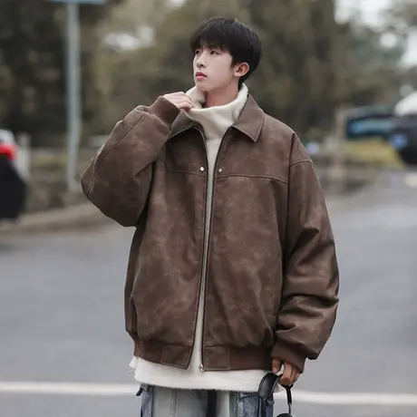 新款复古皮衣翻领休闲夹克男春秋季ins潮流宽松纯色百搭机车外套图片