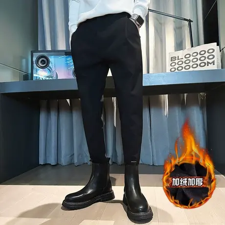 加绒运动裤子男冬款潮牌束脚裤2022新款男裤春秋季纯色加厚休闲裤商品大图
