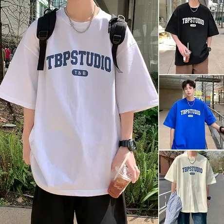 夏季短袖T恤男ins港风宽松发泡印花圆领半袖上衣潮牌潮流字母体恤商品大图