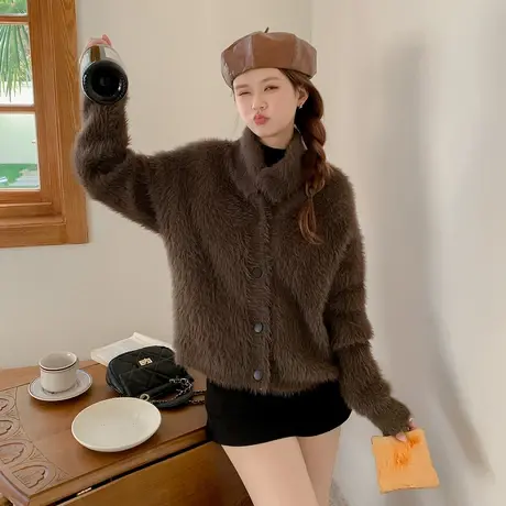 othermix 仿水貂毛软糯毛衣外套女2024春季新款纯色针织开衫上衣图片