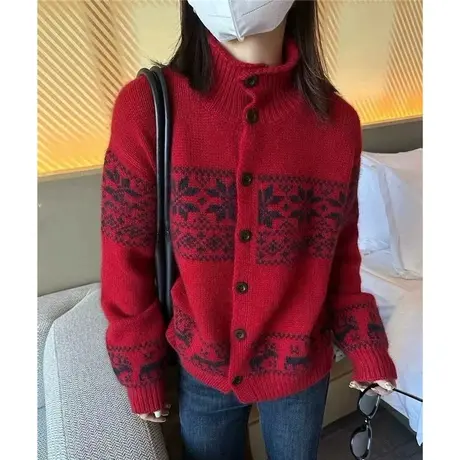红色毛衣女款2024新款春装开衫欧洲站慵懒风外套女高级感女装上衣图片
