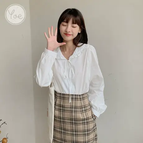 yoe娃娃领长袖衬衫女甜美上衣复古法式大翻领白衬衫春秋新款图片