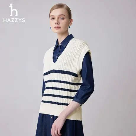 【商场同款】Hazzys哈吉斯条纹背心女士2024年春季新款宽松针织衫图片