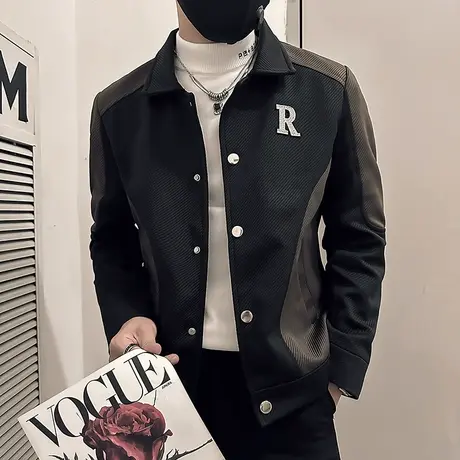 春季韩版休闲拼色夹克男爆款痞帅高级感男装褂子时尚翻领工装外套商品大图