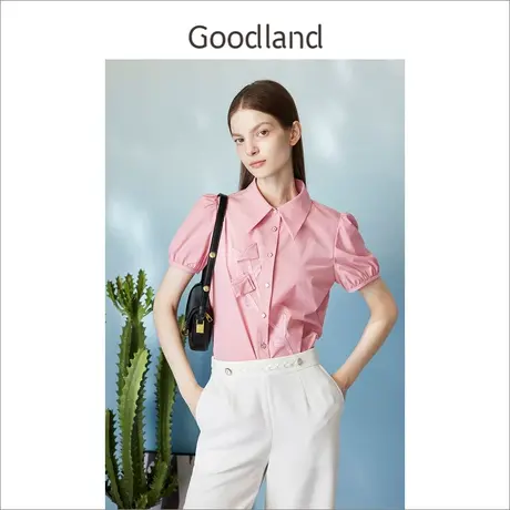 【玫瑰诗行】Goodland美地女装2023夏季立体玫瑰花衬衫泡泡袖商品大图