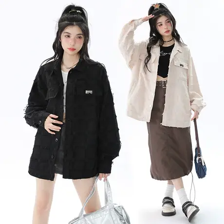 YEP设计感毛边外套女2024年新款春秋款街头潮牌夹克复古宽松上衣商品大图