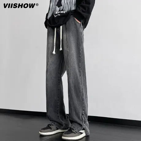 VIISHOW美式复古水洗牛仔裤男春高街vibe直筒修身开叉拉链微喇裤商品大图