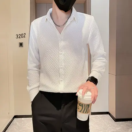 春秋季时尚休闲痞帅纯色韩版修身长袖衬衫发型师潮牌夜店网红衬衣商品大图