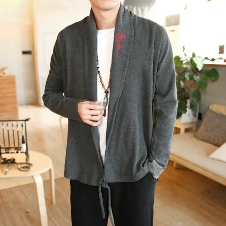 青年日常汉服中国风复古刺绣针织衫开衫毛衣居士服宽松唐装外套商品大图