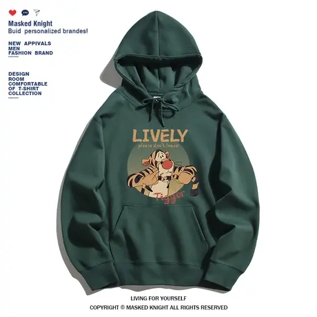 秋冬季美式复古老虎印花卫衣男青少年连帽宽松休闲套头加绒帽衫图片