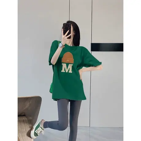 复古港风绿色薄款短袖t恤女2024年夏季显瘦新款小众chic纯棉上衣商品大图