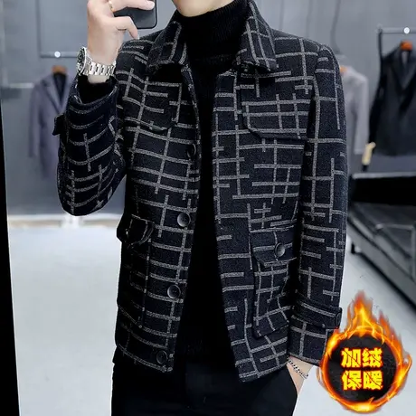 男士加绒加厚毛呢外套秋冬季潮牌工装呢子夹克男翻领帅气短款大衣商品大图