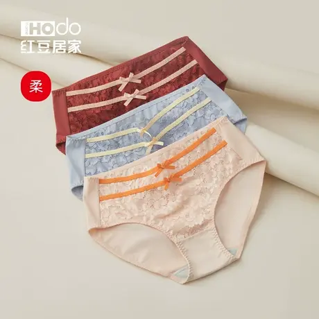 红豆女士内裤纯棉抗菌裆性感蕾丝可爱少女中腰女生甜美短裤三角裤商品大图