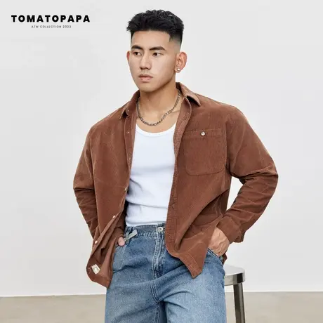 TOMATOPAPA秋季23长袖衬衫新款灯芯棉开衫翻领纽扣薄外套简约上衣商品大图