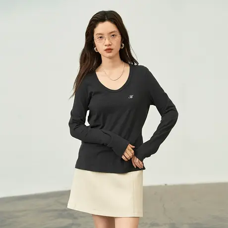 omont蛋挞家 纯棉U领长袖T恤女2023秋季新款字母刺绣正肩显瘦上衣商品大图