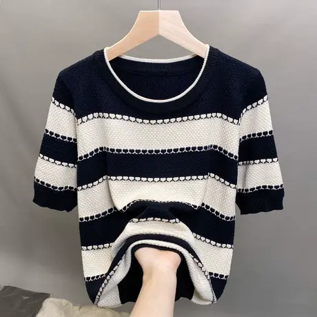 圆领冰丝条纹针织衫女2023春夏秋新款宽松外穿上衣薄款短袖t恤衫商品大图