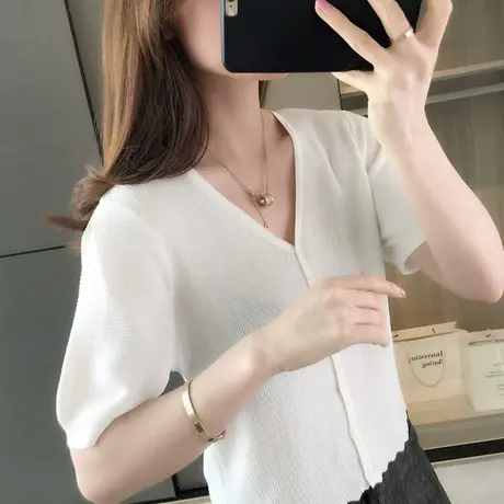 新款春季短袖针织衫女士外穿薄款冰丝打底衫夏季V领上衣短款洋气商品大图