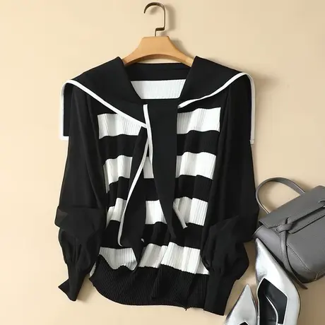 秋装2023年新款雪纺袖冰丝针织衫女长袖条纹上衣洋气蕾丝打底衫女商品大图