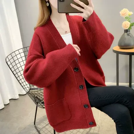 毛衣外套女2023年秋装新款外搭韩版宽松洋气百搭V领针织开衫女潮商品大图