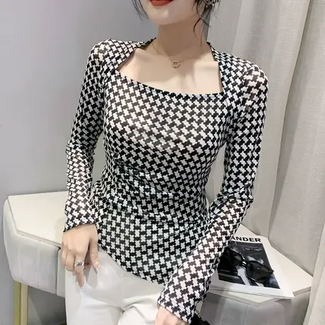 2023春秋新款不规则网纱长袖T恤女洋气千鸟格打底衫开叉下摆上衣商品大图