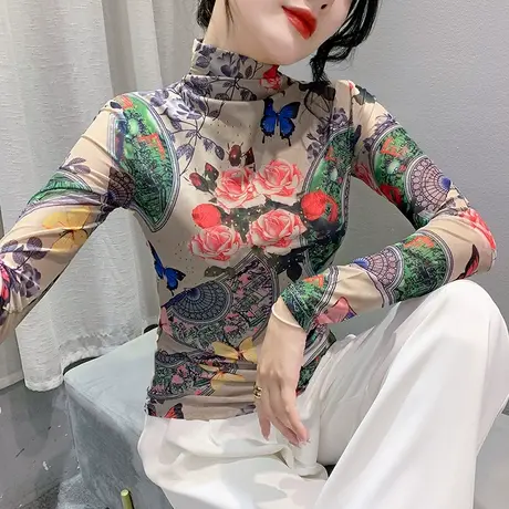 半高领打底衫女内搭2023秋冬新款复古印花上衣修身网纱长袖T恤ins商品大图
