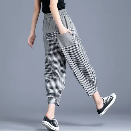 黑白格子裤女夏季薄款八分裤亚麻萝卜裤棉麻裤子女夏奶奶裤灯笼裤图片