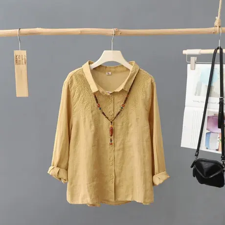 复古文艺刺绣棉麻衬衫女2023年春装新款宽松亚麻衬衣长袖上衣女装图片