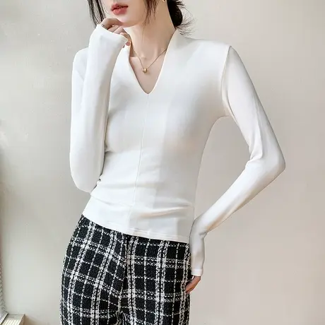深V领长袖磨毛打底衫2023春季女装新款修身显瘦韩版西装内搭上衣商品大图