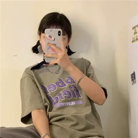港风盐系少女字母宽松百搭圆领纯棉短袖T恤上衣ins新款2023韩版图片