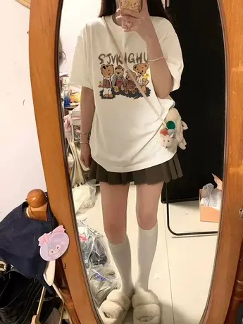 白色短袖t恤女美式复古夏季2023新款半袖oversize小众设计感上衣商品大图