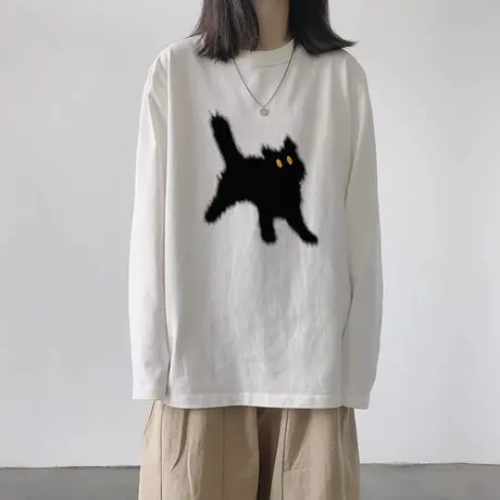 纯棉长袖t恤女秋季2023新款圆领宽松设计感小个子内搭打底衫上衣商品大图