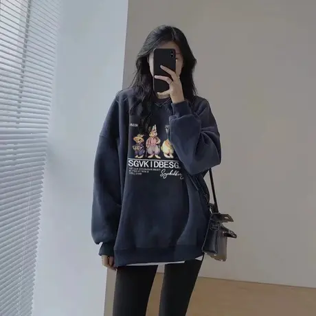 美式复古卫衣女2023新款秋冬加绒加厚ins潮牌设计感宽松大码上衣图片