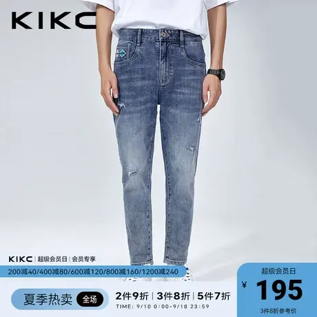 kikc破洞牛仔裤男2023春夏新款商场同款字母刺绣弹力水洗休闲裤子图片