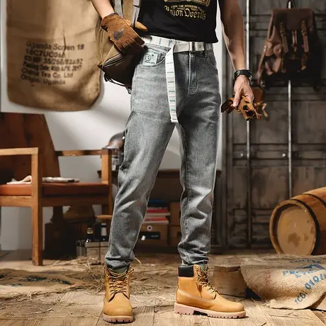 潮牌夏季烟灰色牛仔裤男士小脚裤子男生修身时尚韩版潮流百搭显瘦商品大图