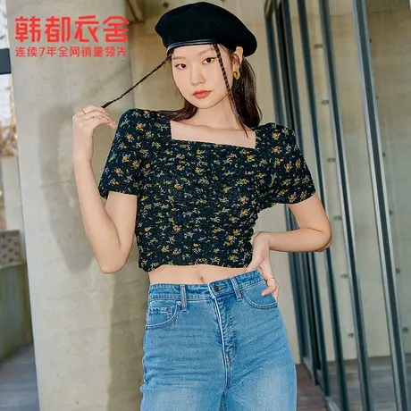 韩都衣舍方领雪纺衫女夏新款泡泡袖短袖短款修身上衣MX10335图片