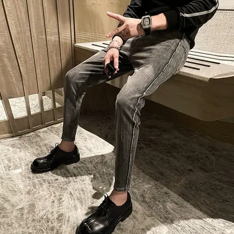 2023初春新款个性毛边纯灰色牛仔裤男潮猫爪修身小脚裤百搭铅笔裤图片