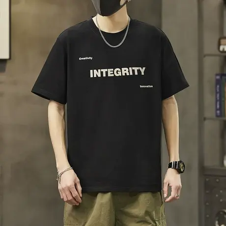 夏季纯棉字母印花情侣装高级感t恤衫男生青少年帅气短t上衣服男士商品大图