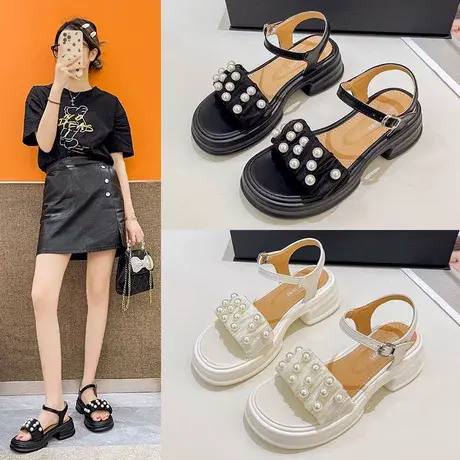 绸缎珍珠时装凉鞋夏季女时尚休闲单鞋百搭中跟粗跟鞋子优雅凉鞋商品大图