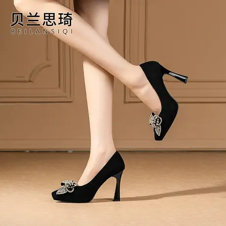 磨砂真皮蝴蝶结浅口细跟单鞋女2023春秋季新款尖头防水台高跟鞋图片