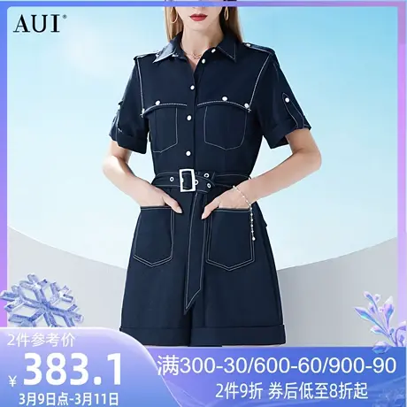 AUI工装仿牛仔连体裤女2023夏季新款气质设计感高腰显高阔腿短裤商品大图
