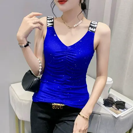 性感V领吊带背心女内搭欧货洋气网纱打底衫设计感紧身ins无袖上衣图片