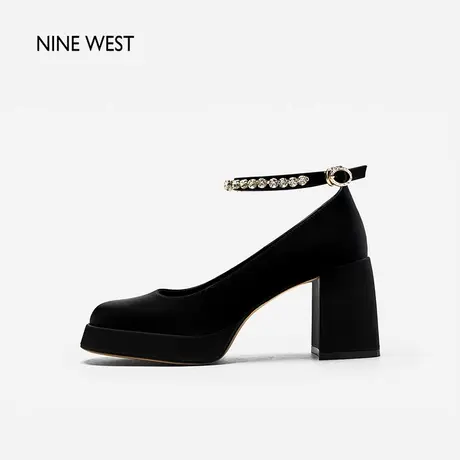 Nine West/玖熙仙女风粗跟高跟鞋缎面春新款复古法式玛丽珍鞋黑色图片