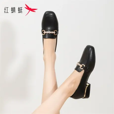 红蜻蜓白色平底单鞋女夏季2023新款低跟乐福鞋女真皮方头软底女鞋商品大图