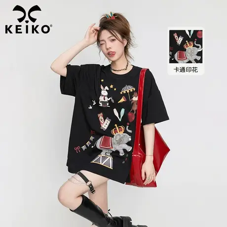 马戏团复古印花黑色短袖t恤女2023夏季新230g纯棉宽松上衣打底衫商品大图
